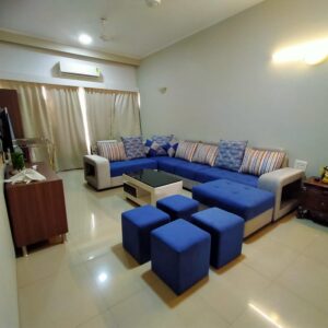 Taxzek Pine Wood Body ‎Sectional 8 Seater Sofa-Lounger with Throw Pillow+Center Table (‎300D x 60W x 60H Centimeters, White) (Blue)