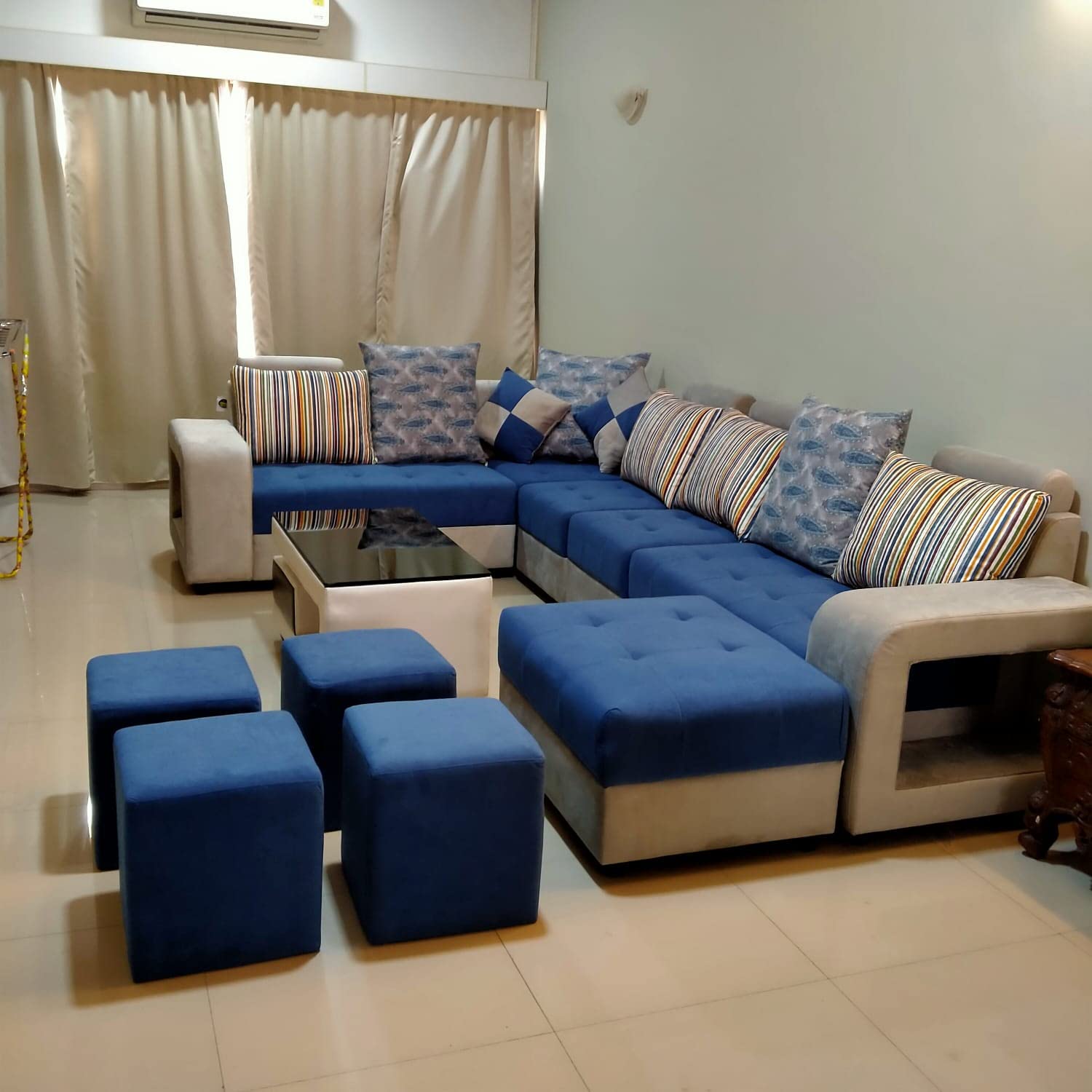 Taxzek Pine Wood Body Sectional 8 Seater Sofa-Lounger with Throw Pillow+Center Table (300D x 60W x 60H Centimeters, White) (Blue) - Image 3