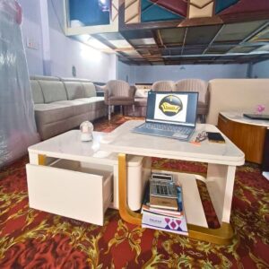 TAXZEK Modern grey lines design marble top | storage drawer coffee table | beige and golden polish wooden tea poy