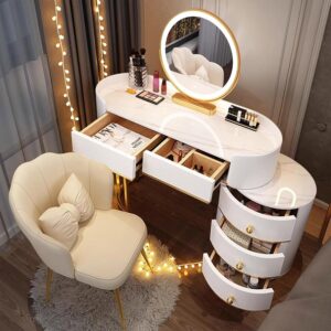 Taxzek modern makeup desk | dressing table with LED light mirror | 4 storage drawers | art marble top white and grey | curved luxury golden ss legs chair