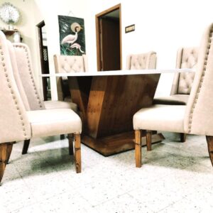 Taxzek Dessert Broen Beautiful Back 6 seat Comfortable Dining Set Include V Shape Strong Base with White Classy Marble (Brownze Brown),Luxury and Comfort,Stylish Design