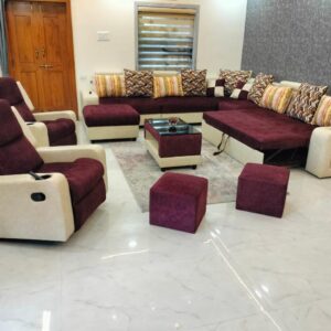 Taxzek Living Room 14-15 Seater Dark Maroon Elegant Sofa and Sofa Cum Bed with Cup Holder Handel arm and 2Recliner Chair with Cup Holder 2 puffies 1 Ottoman Black Glass Storage Centre