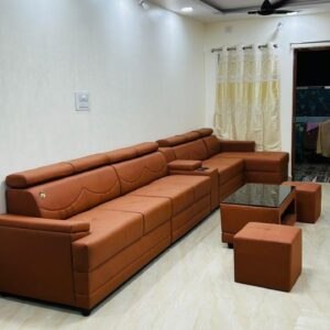 Taxzek Welcome Your Guest with Beautiful L Shape Sectional 10 Seater Living Room Sofa Set with Head Restraint,Black Glass Centre Table,2 Ottoman, Beautiful Cup Holder,Rest armholder