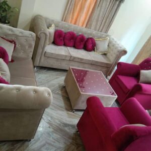 axzek Seven Seater Sofa Set 3+2+1+1 with Soft arm Rest,White Glass stylished Centre Table,Yellow and Pink furnished Cushions(Pack of 6),Round Decorative Pillows(Pack of 6)