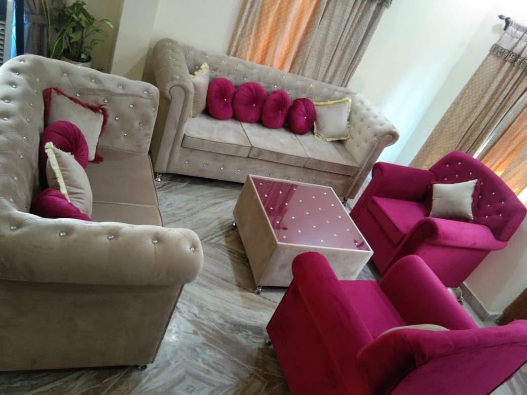 axzek Seven Seater Sofa Set 3+2+1+1 with Soft arm Rest,White Glass stylished Centre Table,Yellow and Pink furnished Cushions(Pack of 6),Round Decorative Pillows(Pack of 6)