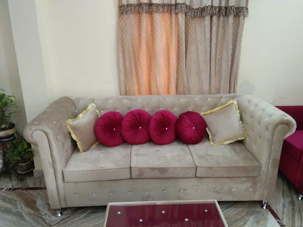 axzek Seven Seater Sofa Set 3+2+1+1 with Soft arm Rest,White Glass stylished Centre Table,Yellow and Pink furnished Cushions(Pack of 6),Round Decorative Pillows(Pack of 6) - Image 6