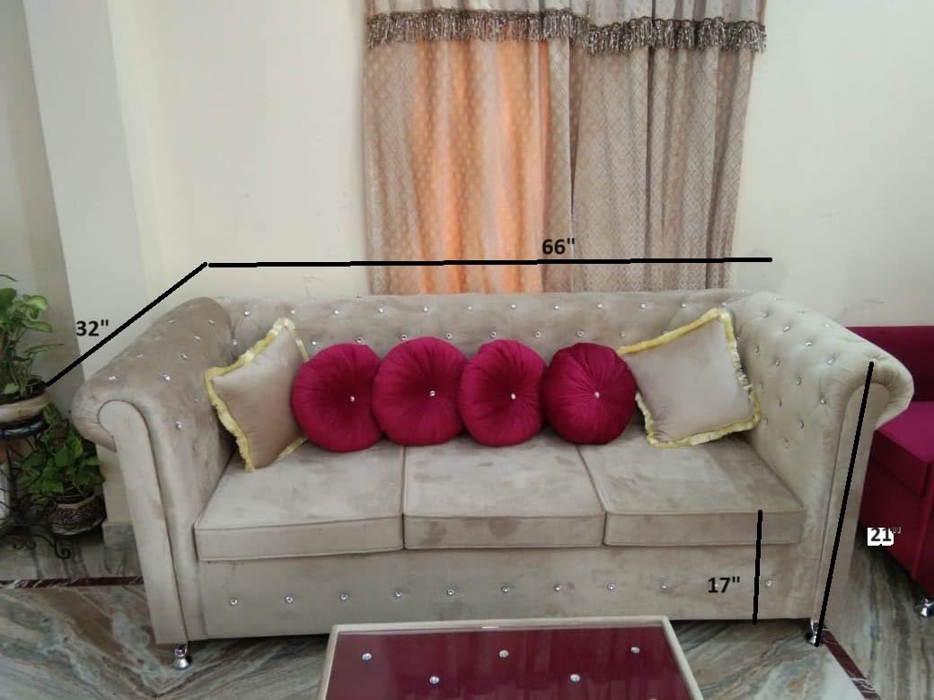 axzek Seven Seater Sofa Set 3+2+1+1 with Soft arm Rest,White Glass stylished Centre Table,Yellow and Pink furnished Cushions(Pack of 6),Round Decorative Pillows(Pack of 6) - Image 7