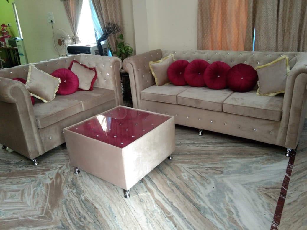 axzek Seven Seater Sofa Set 3+2+1+1 with Soft arm Rest,White Glass stylished Centre Table,Yellow and Pink furnished Cushions(Pack of 6),Round Decorative Pillows(Pack of 6) - Image 8