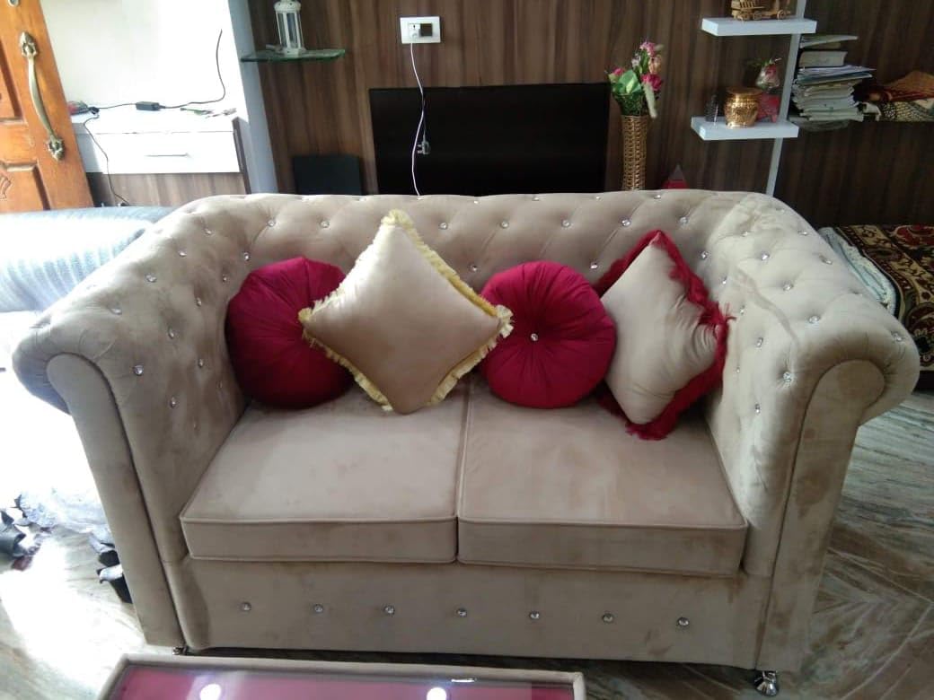 axzek Seven Seater Sofa Set 3+2+1+1 with Soft arm Rest,White Glass stylished Centre Table,Yellow and Pink furnished Cushions(Pack of 6),Round Decorative Pillows(Pack of 6) - Image 2