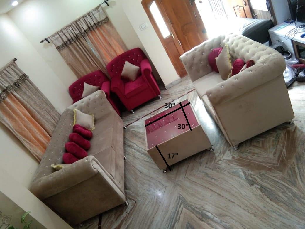 axzek Seven Seater Sofa Set 3+2+1+1 with Soft arm Rest,White Glass stylished Centre Table,Yellow and Pink furnished Cushions(Pack of 6),Round Decorative Pillows(Pack of 6) - Image 9