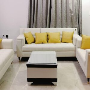 Taxzek 8 Seater Sofa with Throw Pillows,White top Glass Storage Centre Table,Rectangular Sofa,Corner New Sofa Set (White)