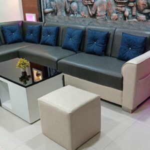 Taxzek L-Shape Sofa Set with Center Table and Two Ottomans (Blue Jay)