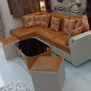 Taxzek L-Shape Sofa Set with Center Table and Two Ottomans (Brownze)