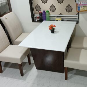 Taxzek Four Seater White Marble Dinning Table With Polished Wooden Base (Classic)