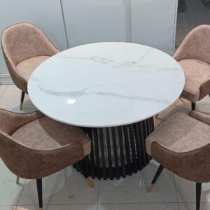 Taxzek Four Seater Round Marble Dinning Table With Wooden Polish Base (Modern)