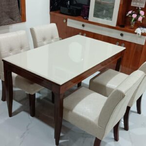 Taxzek Wood Four Seater White Marble Dinning Table Tawny Colour (Traditional)