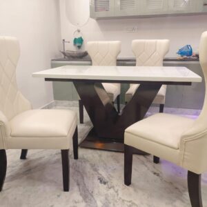 Taxzek Wood Four Seater V-Shape Base Marble Top Dinning Table, Kitchen Furniture, (American), Brown