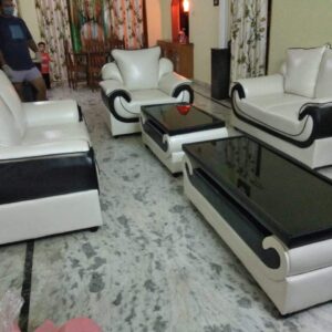 Luxurious 5 Seater Sofa Set with 2 Centre Tables (leatherate) (White)