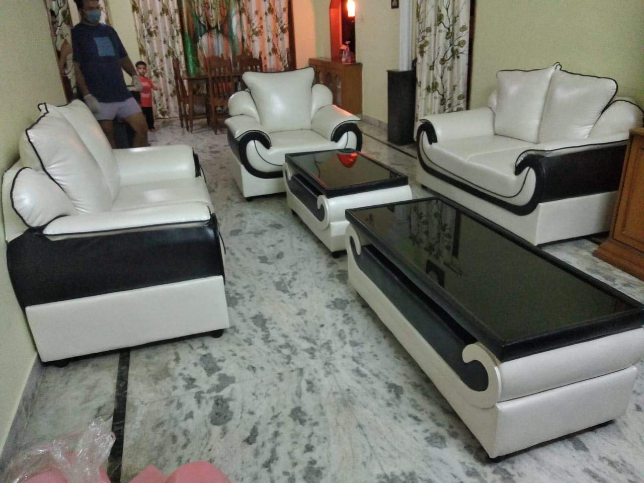 Luxurious 5 Seater Sofa Set with 2 Centre Tables (leatherate) (White)