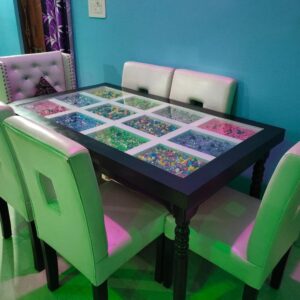 Rocks Filled Transparent Glass Dining Table with 6 Chairs (Shiny White)