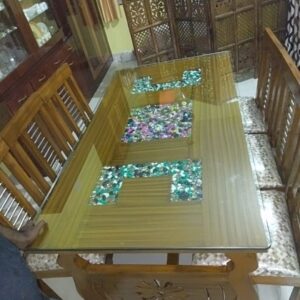 Rocks Filled Transparent Glass Dining Table with 6 Chairs (Tawny)