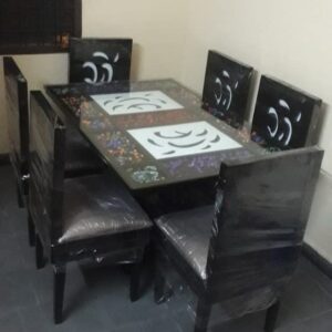 Rocks Filled Transparent Glass Dining Table with 6 Chairs (Walnut)