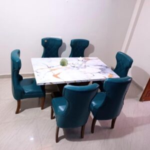 Taxzek Modern V-Shaped Dining Table with Marble & Modern Curved 6 Chairs (Peacock Blue)