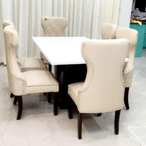 Taxzek neelgiri wood Modern V-Shaped Dining Table with White Marble & Modern Curved Chairs (Cream)