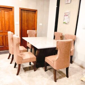 Taxzek Modern V-Shaped Dining Table with Marble & Modern Curved Chairs (Tawny), Wood, 76 Cm, 152 Cm, Tawny (Beige)