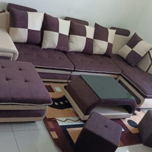 Taxzek 7 Seater L-Shape Neelgiri Wooden Sofa Set with Ottomans, Launcher, Centre Table and Pillows (Fabric and Leather)