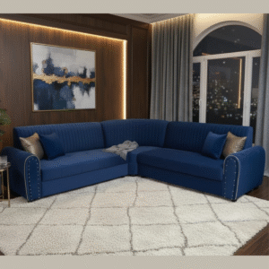 TAXZEK Modern Curved-Shaped Sectional Sofa, 7 Seater, Navy Blue with Channel Tufted Design, Decorative Pillows, Premium Living Room Furniture.