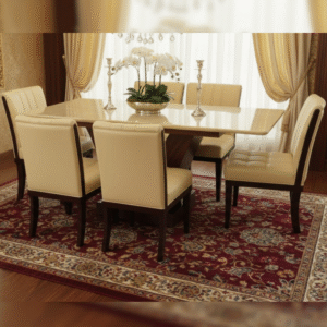 Taxzek Modern Marble Top Dining Table, V-Shape Base, 6 Seater with Cream Upholstered Chairs, Wooden Legs.