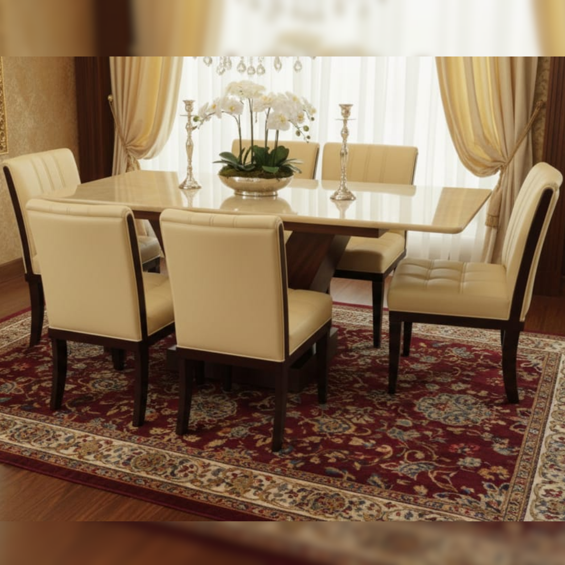 Taxzek Modern Marble Top Dining Table, V-Shape Base, 6 Seater with Cream Upholstered Chairs, Wooden Legs.