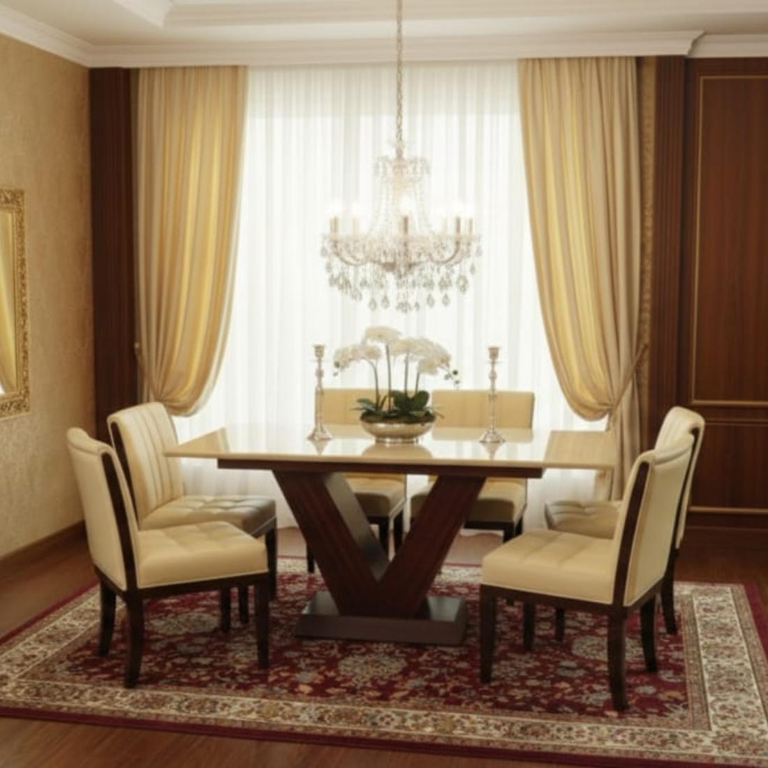 Taxzek Modern Marble Top Dining Table, V-Shape Base, 6 Seater with Cream Upholstered Chairs, Wooden Legs. - Image 5