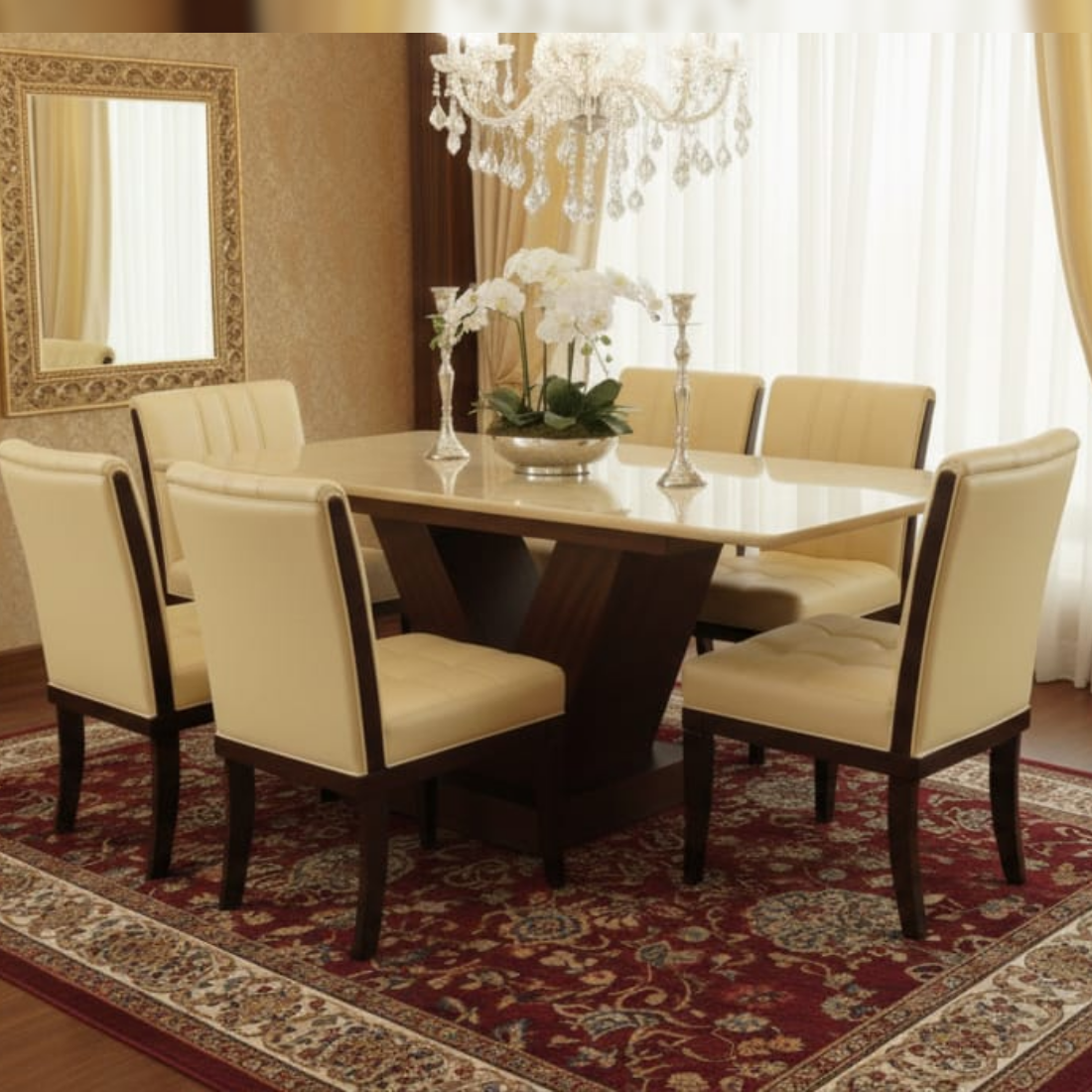 Taxzek Modern Marble Top Dining Table, V-Shape Base, 6 Seater with Cream Upholstered Chairs, Wooden Legs. - Image 4