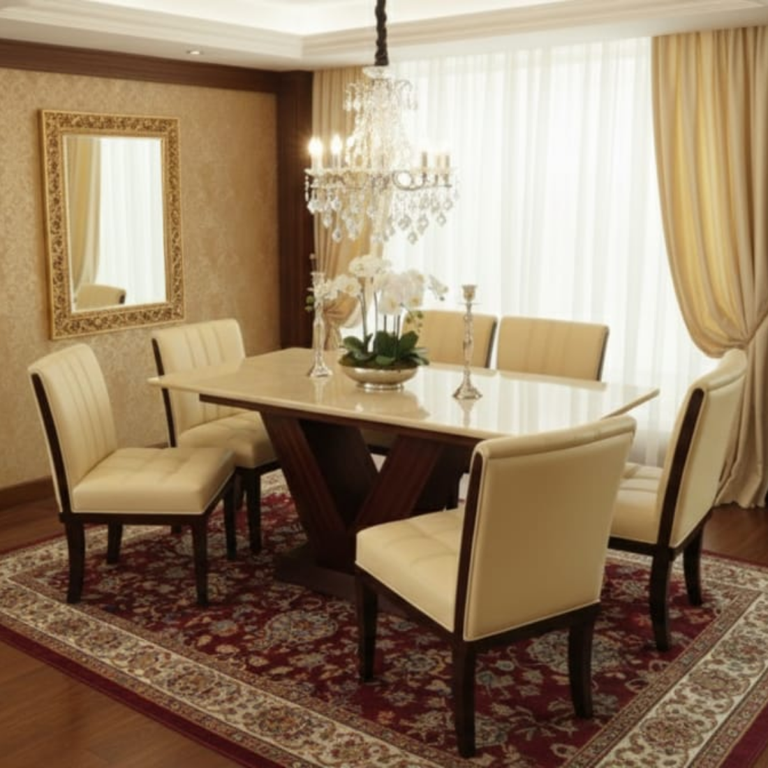 Taxzek Modern Marble Top Dining Table, V-Shape Base, 6 Seater with Cream Upholstered Chairs, Wooden Legs. - Image 2