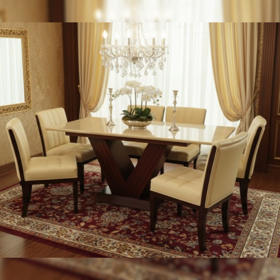 Taxzek Modern Marble Top Dining Table, V-Shape Base, 6 Seater with Cream Upholstered Chairs, Wooden Legs. - Image 3