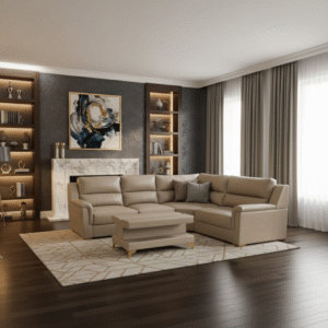 TAXZEK Modern 6-Seater L-Shaped Sectional Sofa Set with Ottoman, Premium Beige Leather, Golden SS Legs, Living Room Furniture.