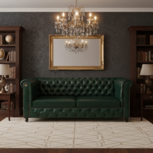 TAXZEK Luxury Chesterfield Sofa, Green Leather, Tufted Button Design, Rolled Arms, Nailhead Trim, Wooden Legs, Classic Living Room Furniture.