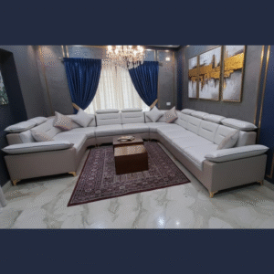 TAXZEK U Shape Sofa Set with Adjustable Headrest, Modern Design, Light Grey and Beige, Golden SS Legs, Includes Pillows.