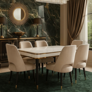 TAXZEK 6-Seater Wooden Dining Table Set with Marble Top, Solid Wood Base, Modern Dining Room Furniture with 6 Chairs, Beige Vintage.