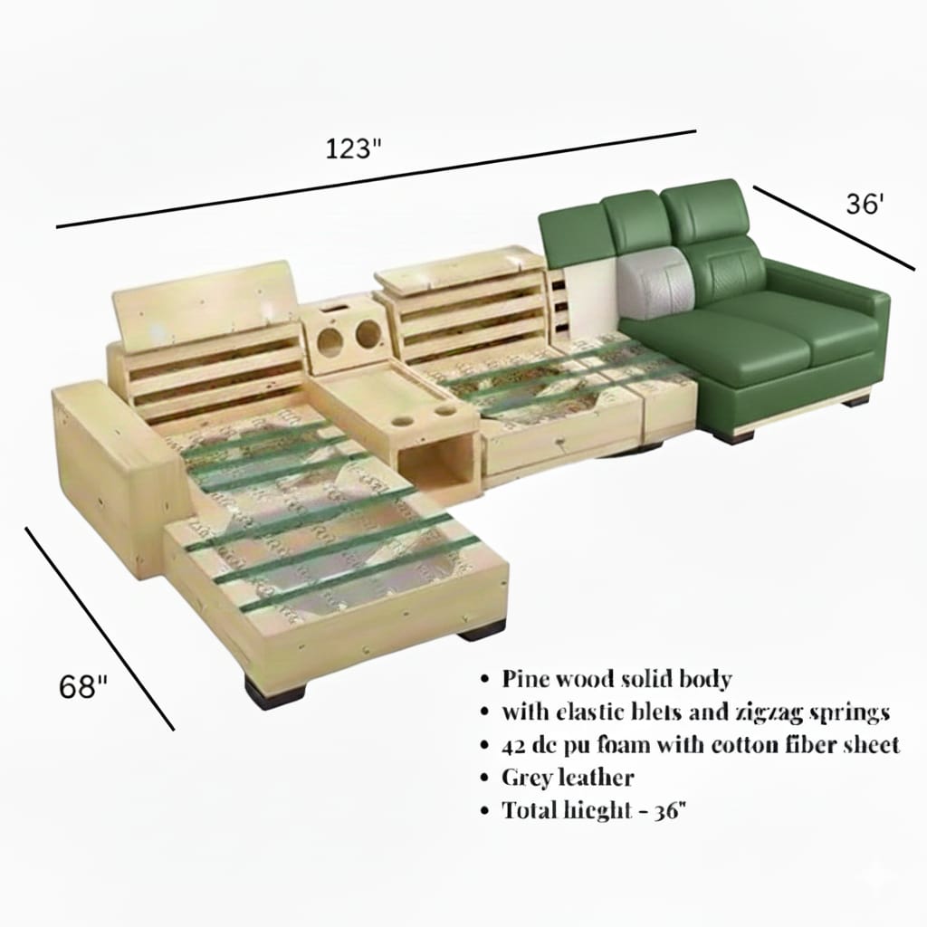 TAXZEK Modern L-Shaped Sectional Sofa, Green Leather, 6 Seater with Built-in Speakers, Storage Console, Quilted Backrest, USB Connections, Wooden Legs - Image 2
