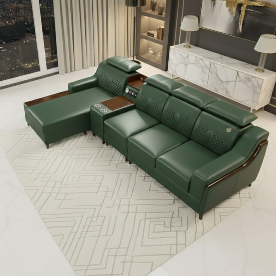 TAXZEK Modern L-Shaped Sectional Sofa, Green Leather, 6 Seater with Built-in Speakers, Storage Console, Quilted Backrest, USB Connections, Wooden Legs - Image 8