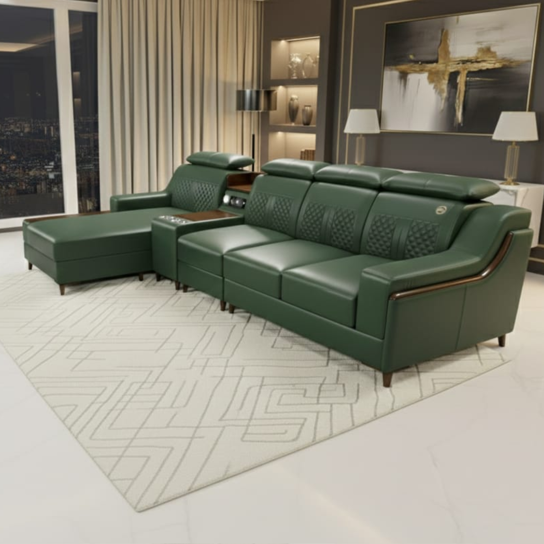 TAXZEK Modern L-Shaped Sectional Sofa, Green Leather, 6 Seater with Built-in Speakers, Storage Console, Quilted Backrest, USB Connections, Wooden Legs - Image 7