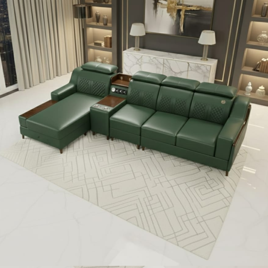 TAXZEK Modern L-Shaped Sectional Sofa, Green Leather, 6 Seater with Built-in Speakers, Storage Console, Quilted Backrest, USB Connections, Wooden Legs - Image 6