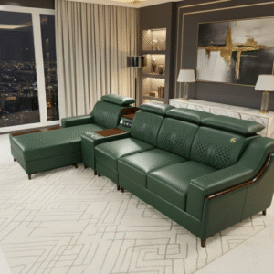 TAXZEK Modern L-Shaped Sectional Sofa, Green Leather, 6 Seater with Built-in Speakers, Storage Console, Quilted Backrest, USB Connections, Wooden Legs
