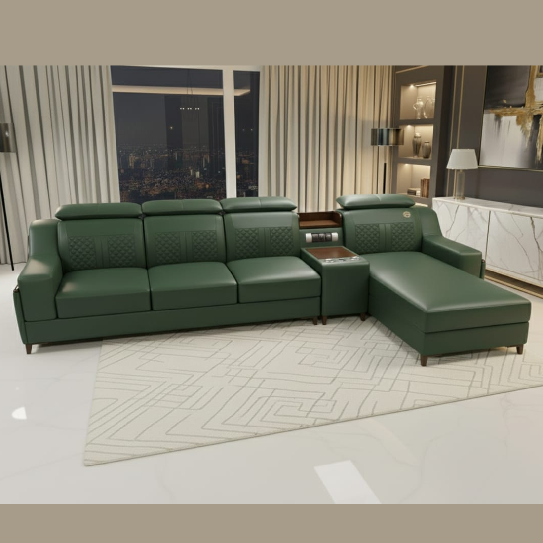 TAXZEK Modern L-Shaped Sectional Sofa, Green Leather, 6 Seater with Built-in Speakers, Storage Console, Quilted Backrest, USB Connections, Wooden Legs - Image 4