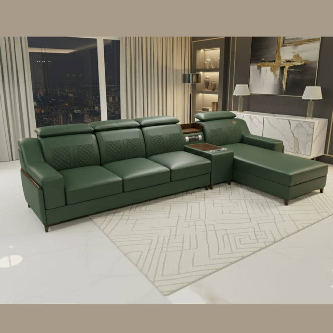 TAXZEK Modern L-Shaped Sectional Sofa, Green Leather, 6 Seater with Built-in Speakers, Storage Console, Quilted Backrest, USB Connections, Wooden Legs - Image 3