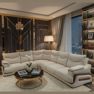 TAXZEK Luxury L-Shaped Sofa Set 6 Seater with Elegant Baida Patterning and Stylish Wooden Arm Accents.