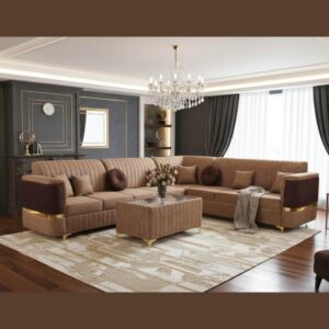 Taxzek Modern | L Shape Sofa Set 8 Seater with Glass Centre Table| Pillows| Golden Touch| Stainless Steel Gold Legs| Brown
